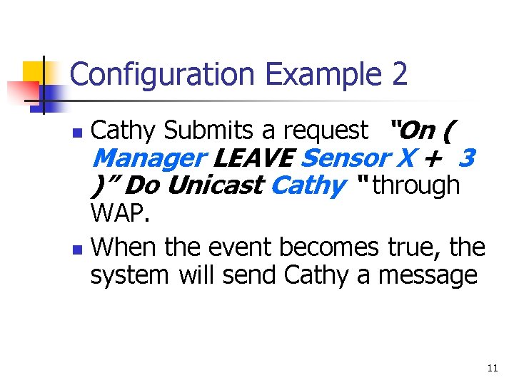 Configuration Example 2 n Cathy Submits a request “On ( Manager LEAVE Sensor X