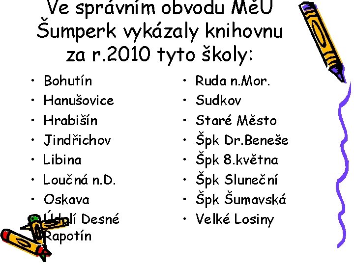 Ve správním obvodu MěÚ Šumperk vykázaly knihovnu za r. 2010 tyto školy: • •