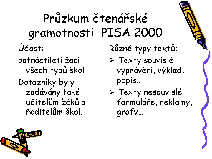 Průzkum čtenářské gramotnosti PISA 2000 Účast: patnáctiletí žáci všech typů škol Dotazníky byly zadávány
