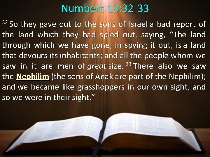 Numbers 13: 32 -33 32 So they gave out to the sons of Israel