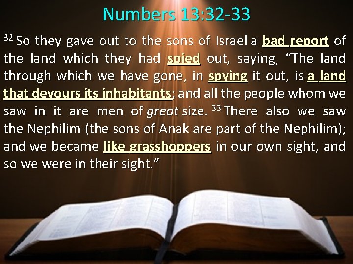 Numbers 13: 32 -33 32 So they gave out to the sons of Israel