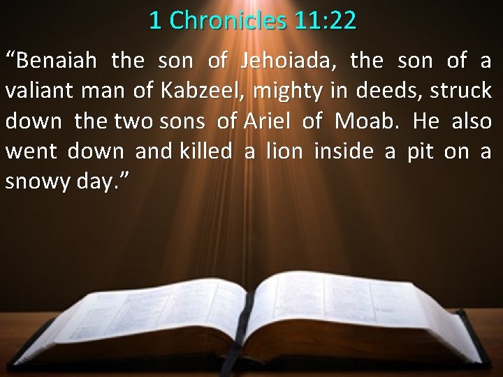  1 Chronicles 11: 22 “Benaiah the son of Jehoiada, the son of a