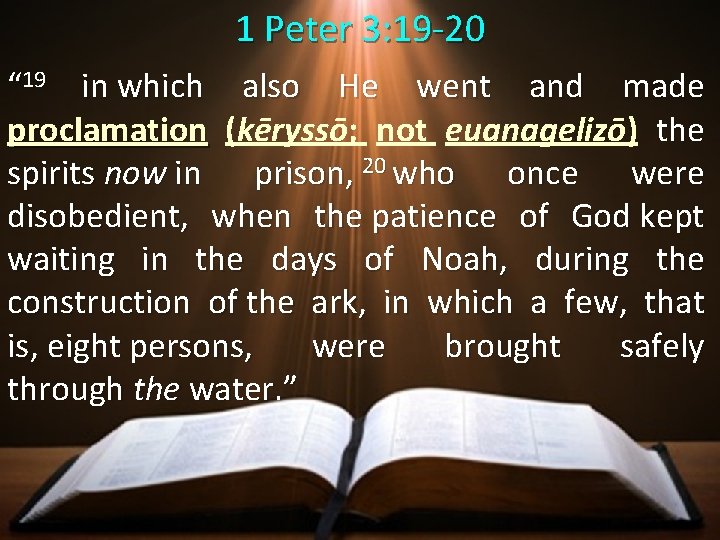 1 Peter 3: 19 -20 “ 19 in which also He went and made