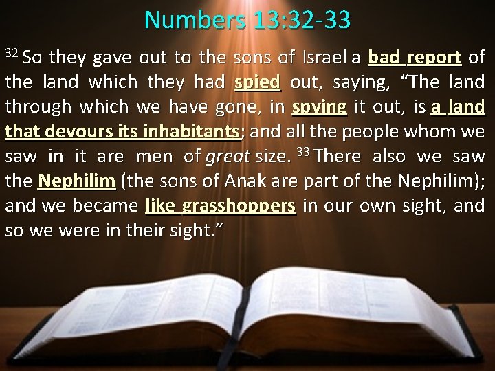 Numbers 13: 32 -33 32 So they gave out to the sons of Israel