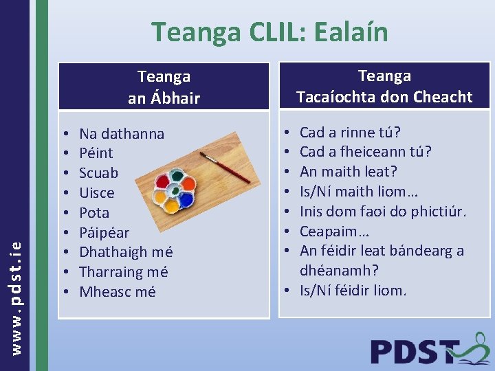 Teanga CLIL: Ealaín Teanga Tacaíochta don Cheacht www. pdst. ie Teanga an Ábhair •