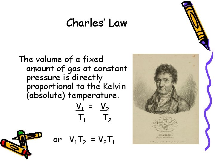 Charles’ Law The volume of a fixed amount of gas at constant pressure is