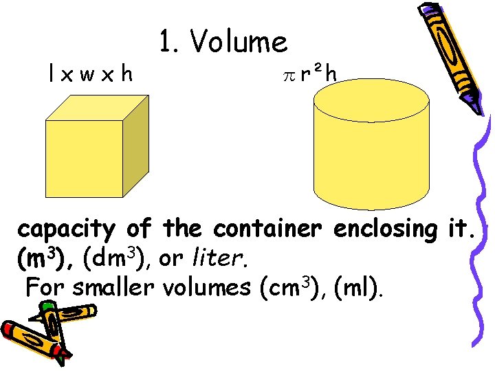 lxwxh 1. Volume πr²h capacity of the container enclosing it. (m 3), (dm 3),