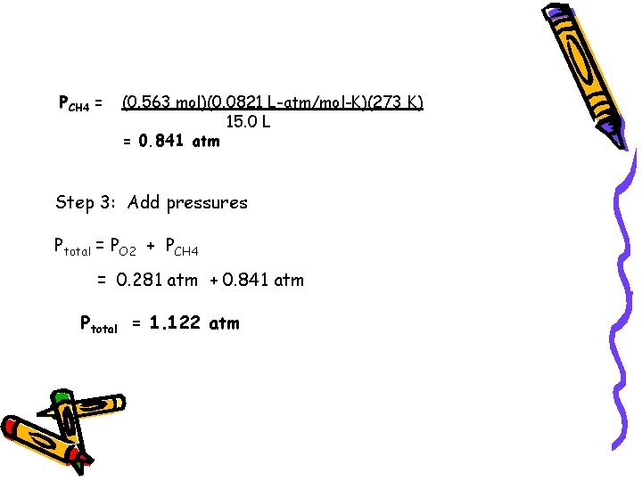 PCH 4 = (0. 563 mol)(0. 0821 L-atm/mol-K)(273 K) 15. 0 L = 0.