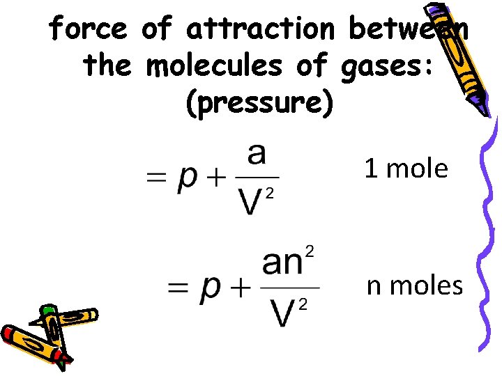 force of attraction between the molecules of gases: (pressure) 1 mole n moles 