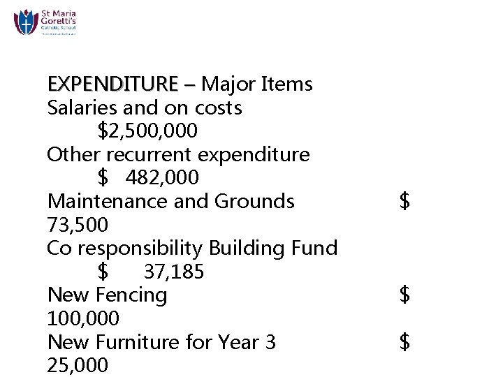 EXPENDITURE – Major Items Salaries and on costs $2, 500, 000 Other recurrent expenditure