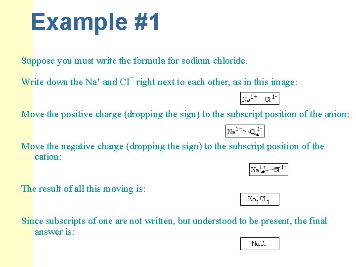 Example #1 Suppose you must write the formula for sodium chloride. Write down the