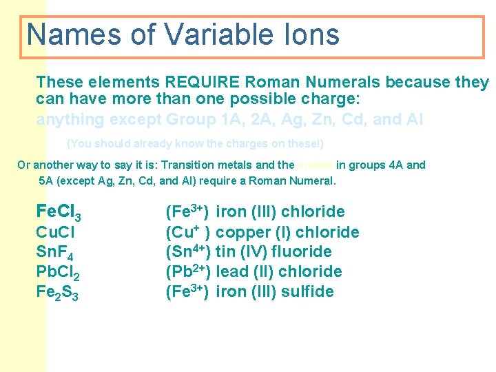 Names of Variable Ions These elements REQUIRE Roman Numerals because they can have more