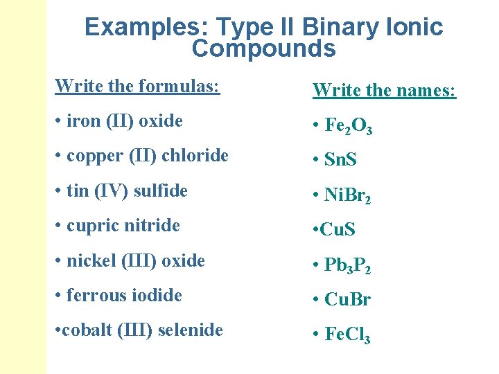 Examples: Type II Binary Ionic Compounds Write the formulas: Write the names: • iron