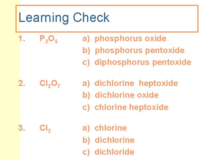 Learning Check 1. P 2 O 5 a) phosphorus oxide b) phosphorus pentoxide c)
