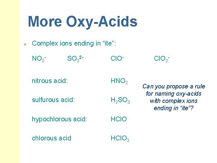 More Oxy-Acids n Complex ions ending in “ite”: NO 2 - SO 32 - More Oxy-Acids n Complex ions ending in “ite”: NO 2 - SO 32 -