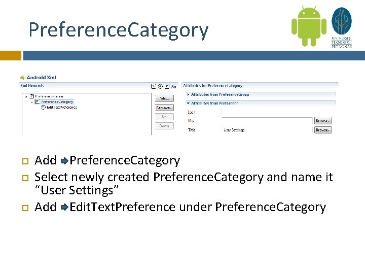 Preference. Category Add Preference. Category Select newly created Preference. Category and name it “User