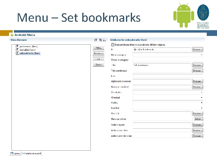 Menu – Set bookmarks 