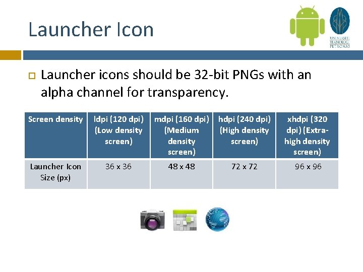 Launcher Icon Launcher icons should be 32 -bit PNGs with an alpha channel for