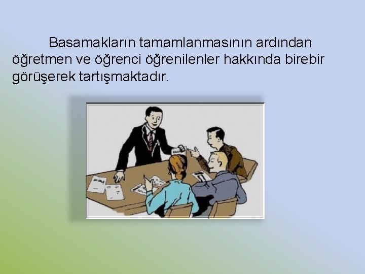 Basamakların tamamlanmasının ardından öğretmen ve öğrenci öğrenilenler hakkında birebir görüşerek tartışmaktadır. Basamakların tamamlanmasının ardından öğretmen ve öğrenci öğrenilenler hakkında birebir görüşerek tartışmaktadır.