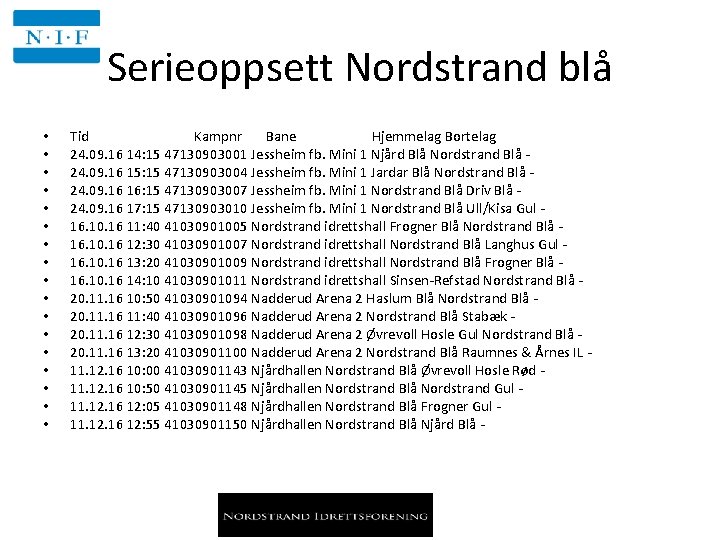 Serieoppsett Nordstrand blå • • • • • Tid Kampnr Bane Hjemmelag Bortelag 24.