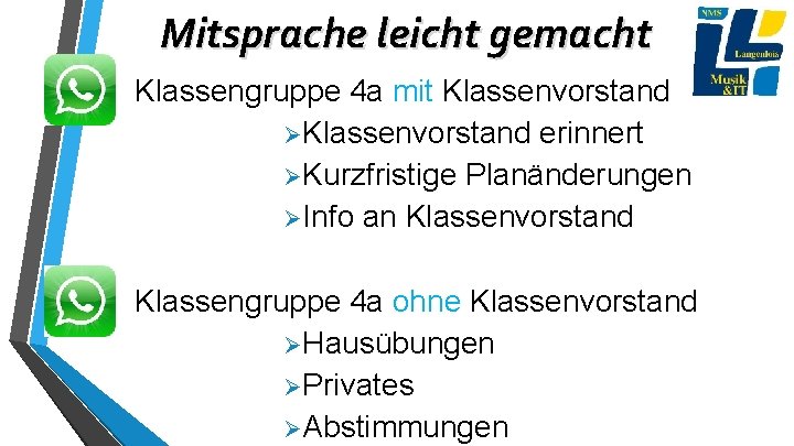 Mitsprache leicht gemacht Klassengruppe 4 a mit Klassenvorstand ØKlassenvorstand erinnert ØKurzfristige Planänderungen ØInfo an