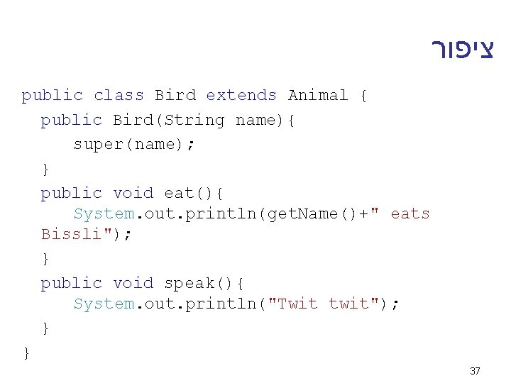  ציפור public class Bird extends Animal { public Bird(String name){ super(name); } public