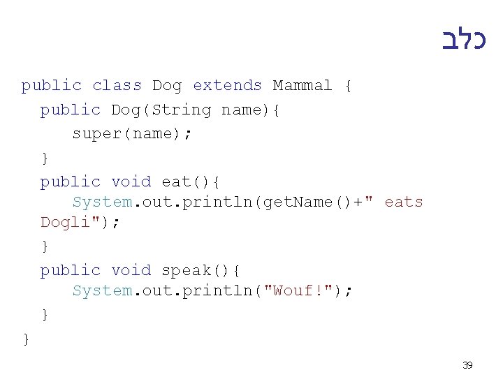  כלב public class Dog extends Mammal { public Dog(String name){ super(name); } public