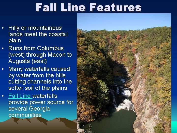 Fall Line Features • Hilly or mountainous lands meet the coastal plain • Runs Fall Line Features • Hilly or mountainous lands meet the coastal plain • Runs