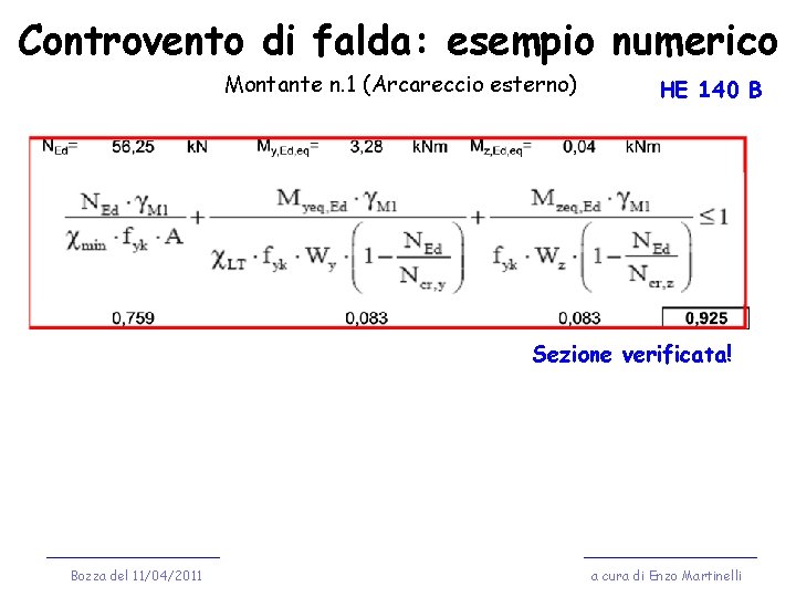 Controvento di falda: esempio numerico Montante n. 1 (Arcareccio esterno) HE 140 B Sezione