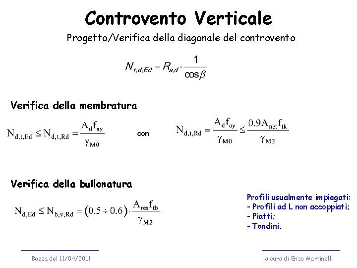 Controvento Verticale Progetto/Verifica della diagonale del controvento Verifica della membratura con Verifica della bullonatura