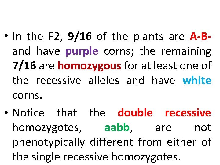 • In the F 2, 9/16 of the plants are A-B- and have