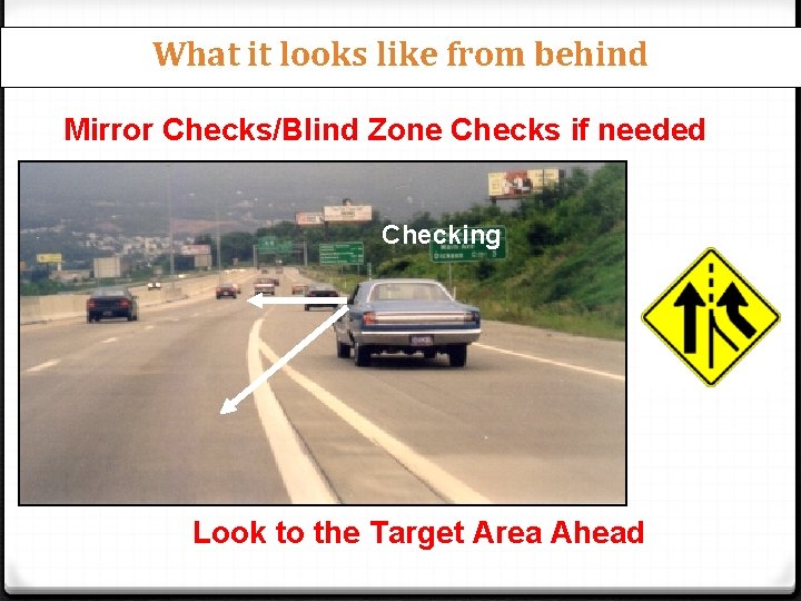 What it looks like from behind Mirror Checks/Blind Zone Checks if needed Checking Look