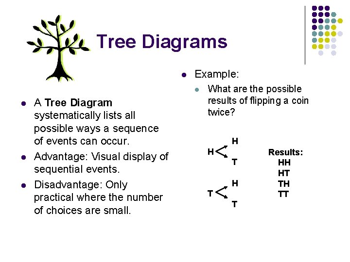 Tree Diagrams l Example: l l A Tree Diagram systematically lists all possible ways