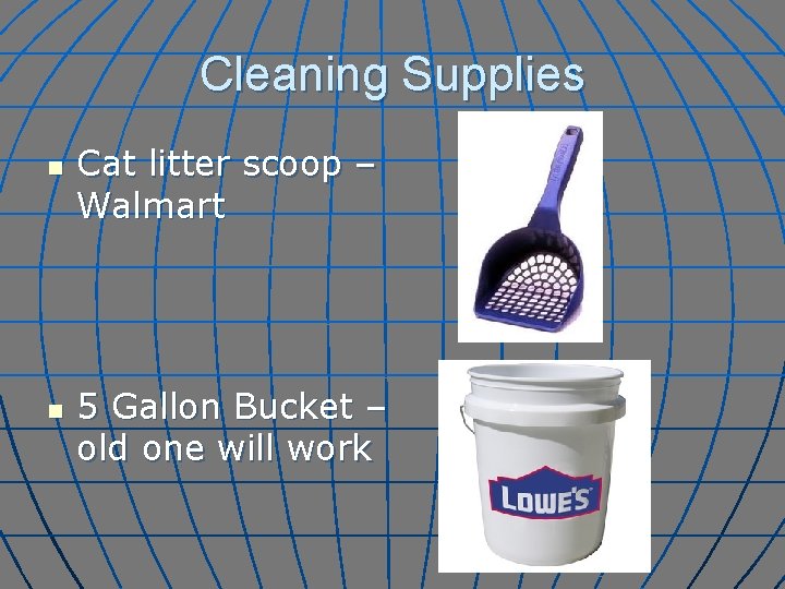 Cleaning Supplies n n Cat litter scoop – Walmart 5 Gallon Bucket – old
