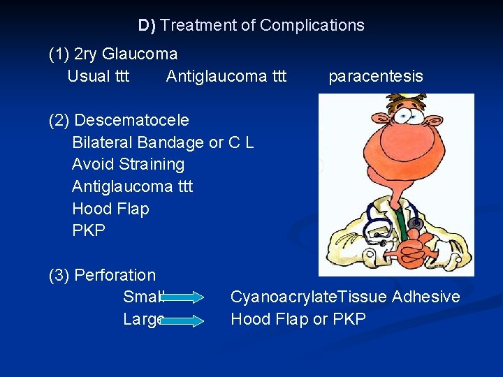 D) Treatment of Complications (1) 2 ry Glaucoma Usual ttt Antiglaucoma ttt paracentesis (2)