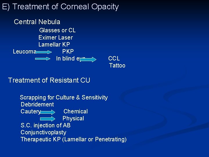 E) Treatment of Corneal Opacity Central Nebula Glasses or CL Eximer Laser Lamellar KP