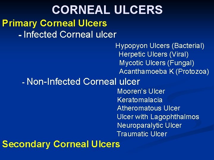 CORNEAL ULCERS Primary Corneal Ulcers - Infected Corneal ulcer Hypopyon Ulcers (Bacterial) Herpetic Ulcers