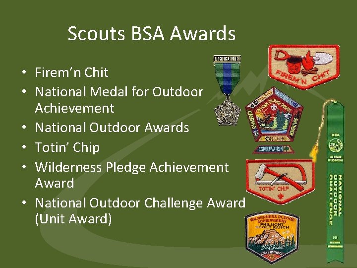 Scouts BSA Awards • Firem’n Chit • National Medal for Outdoor Achievement • National Scouts BSA Awards • Firem’n Chit • National Medal for Outdoor Achievement • National