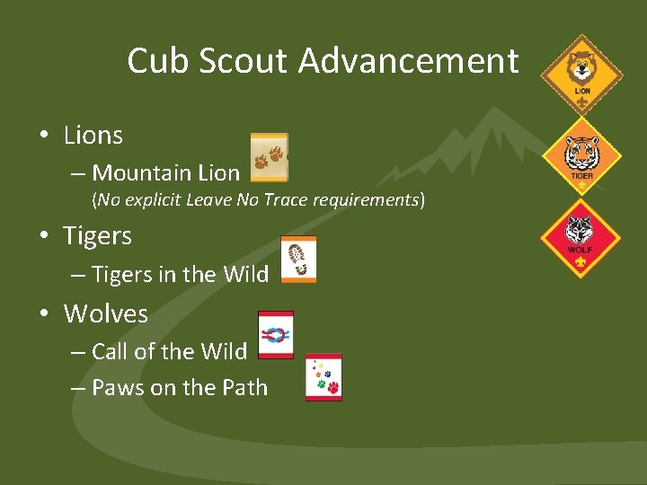 Cub Scout Advancement • Lions – Mountain Lion (No explicit Leave No Trace requirements) Cub Scout Advancement • Lions – Mountain Lion (No explicit Leave No Trace requirements)