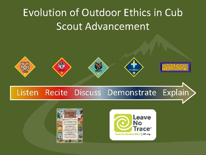 Evolution of Outdoor Ethics in Cub Scout Advancement Listen Recite Discuss Demonstrate Explain Evolution of Outdoor Ethics in Cub Scout Advancement Listen Recite Discuss Demonstrate Explain