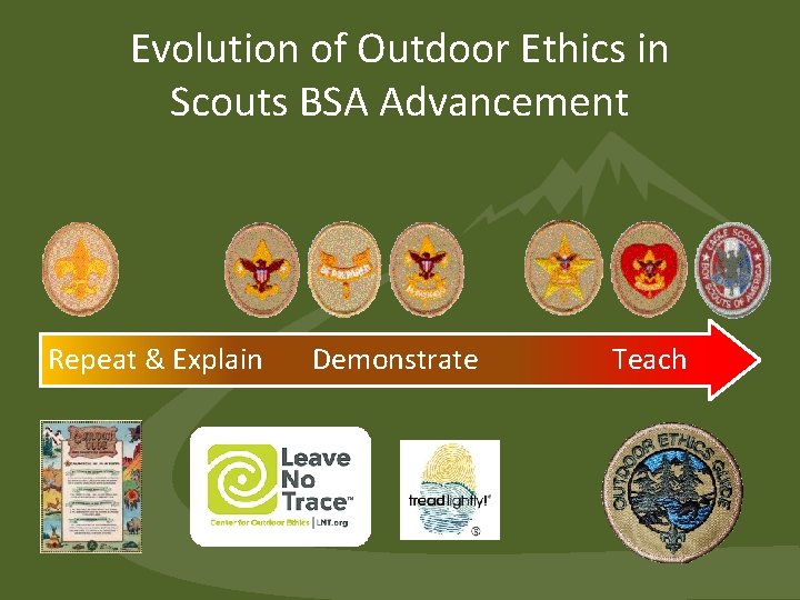 Evolution of Outdoor Ethics in Scouts BSA Advancement Repeat & Explain Demonstrate Teach Evolution of Outdoor Ethics in Scouts BSA Advancement Repeat & Explain Demonstrate Teach
