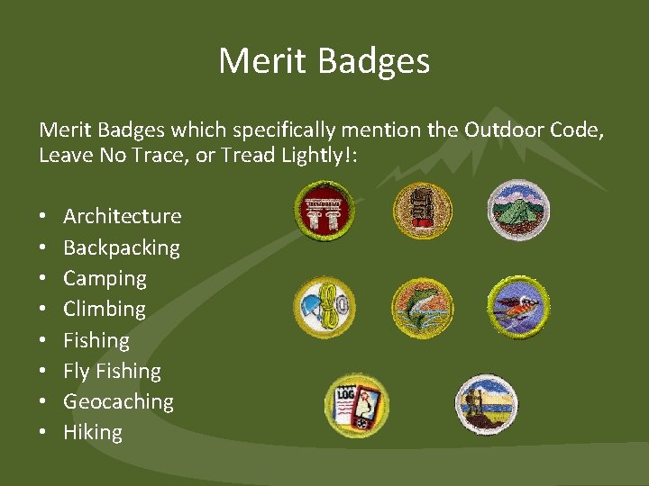 Merit Badges which specifically mention the Outdoor Code, Leave No Trace, or Tread Lightly!: