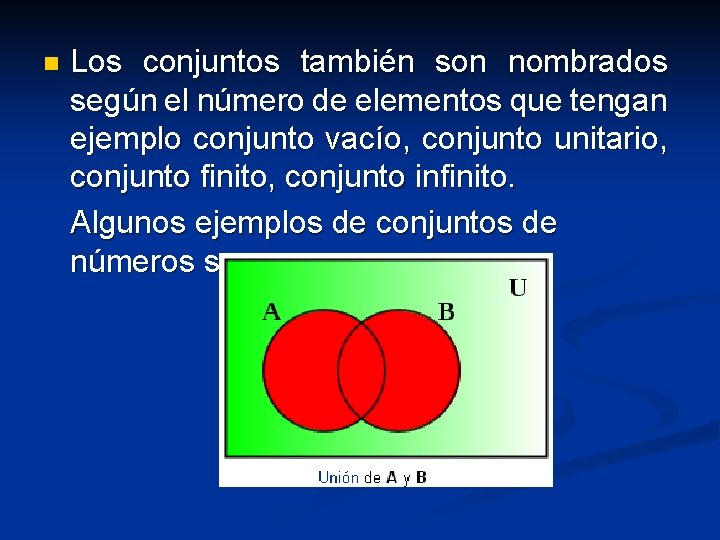 n Los conjuntos también son nombrados según el número de elementos que tengan ejemplo