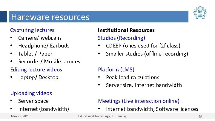 Hardware resources Capturing lectures • Camera/ webcam • Headphone/ Earbuds • Tablet / Paper