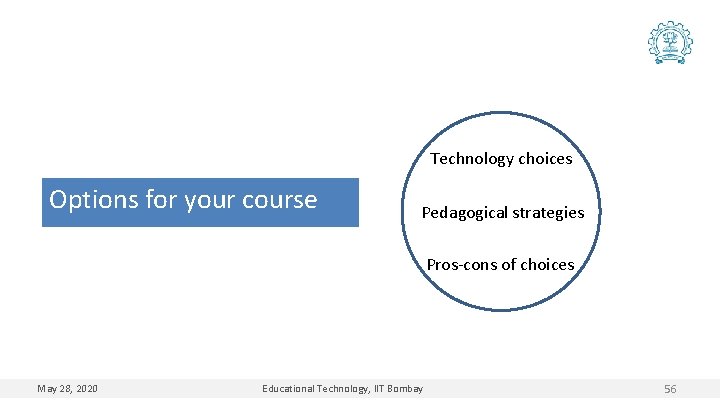 Technology choices Options for your course Pedagogical strategies Pros-cons of choices May 28, 2020