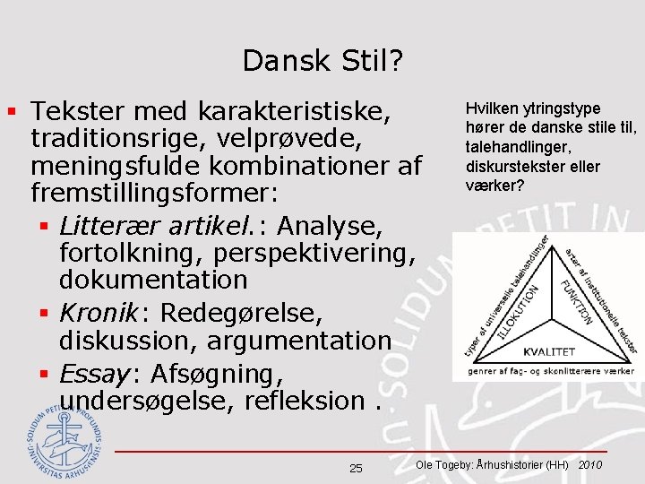 Dansk Stil? § Tekster med karakteristiske, traditionsrige, velprøvede, meningsfulde kombinationer af fremstillingsformer: § Litterær