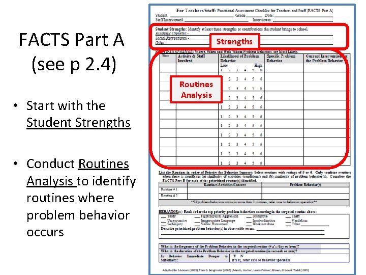 FACTS Part A (see p 2. 4) • Start with the Student Strengths Routines
