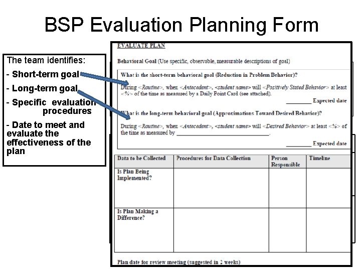 BSP Evaluation Planning Form The team identifies: - Short-term goal - Long-term goal EVALUATION