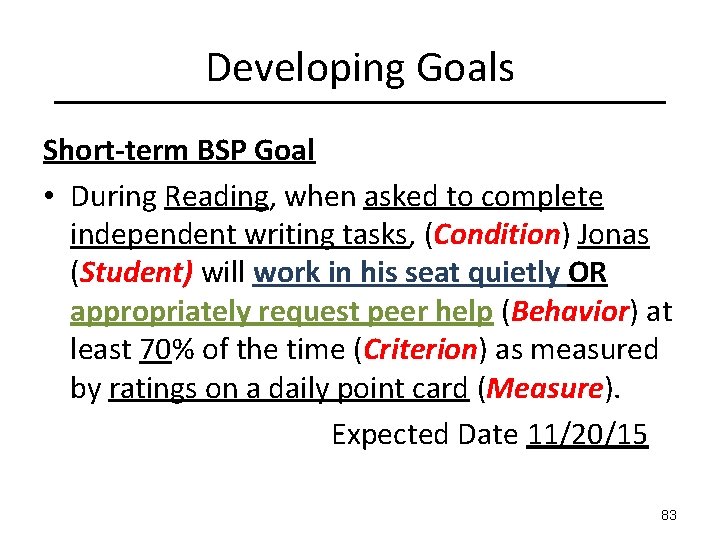 Developing Goals Short-term BSP Goal • During Reading, when asked to complete independent writing