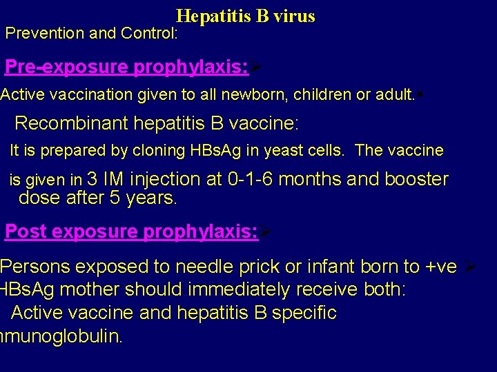 Hepatitis B virus Prevention and Control: Pre-exposure prophylaxis: Ø Active vaccination given to all